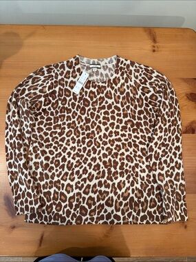 J. Crew Brown and White Cashmere Leopard Crewneck Sweater